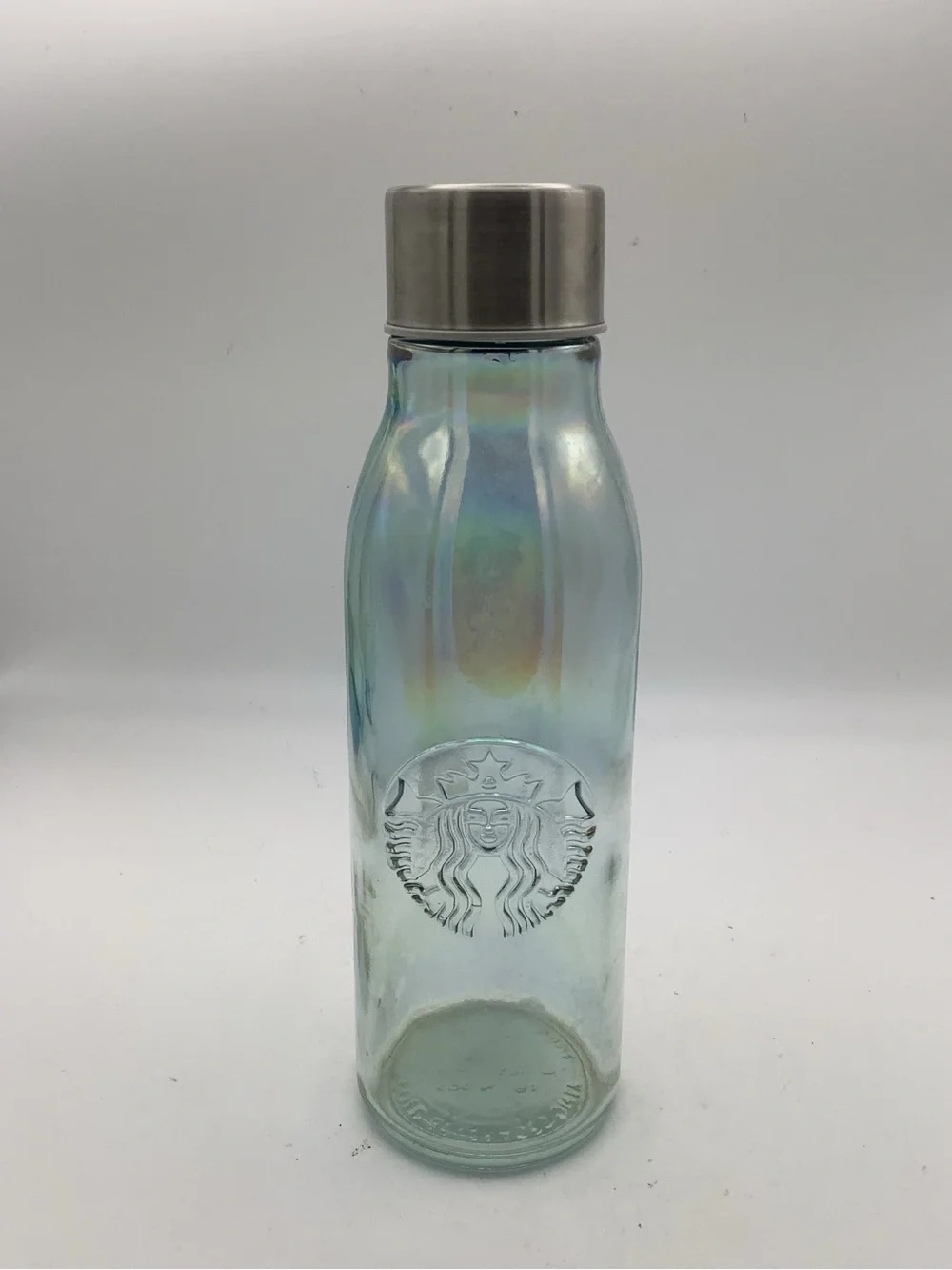 Starbucks Iridescent Glass Water Bottle with Embossed Siren Logo & Stainless Cap
